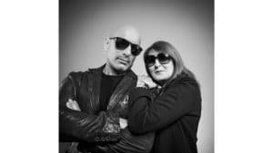 Cool couple in black and white leather jacket photoshoot in Manchester portrait
