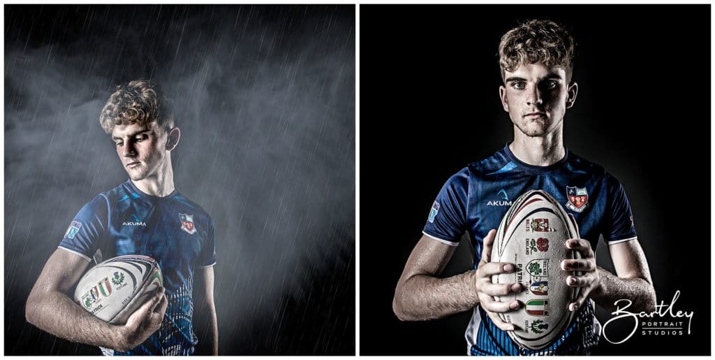 teenager with rugby ball in photo studio