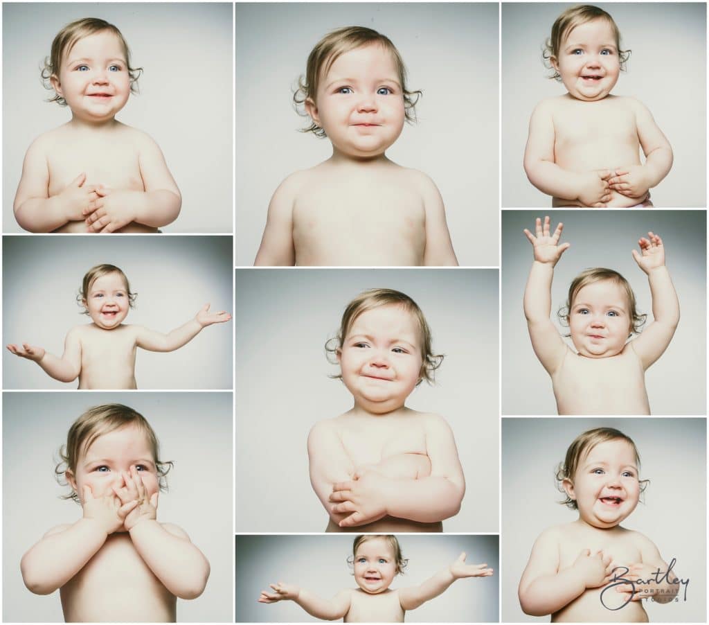 the many expressions of a baby captured in a studio