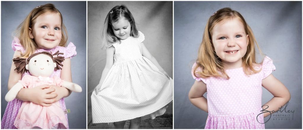 young girl studio portrait wearing pink dress