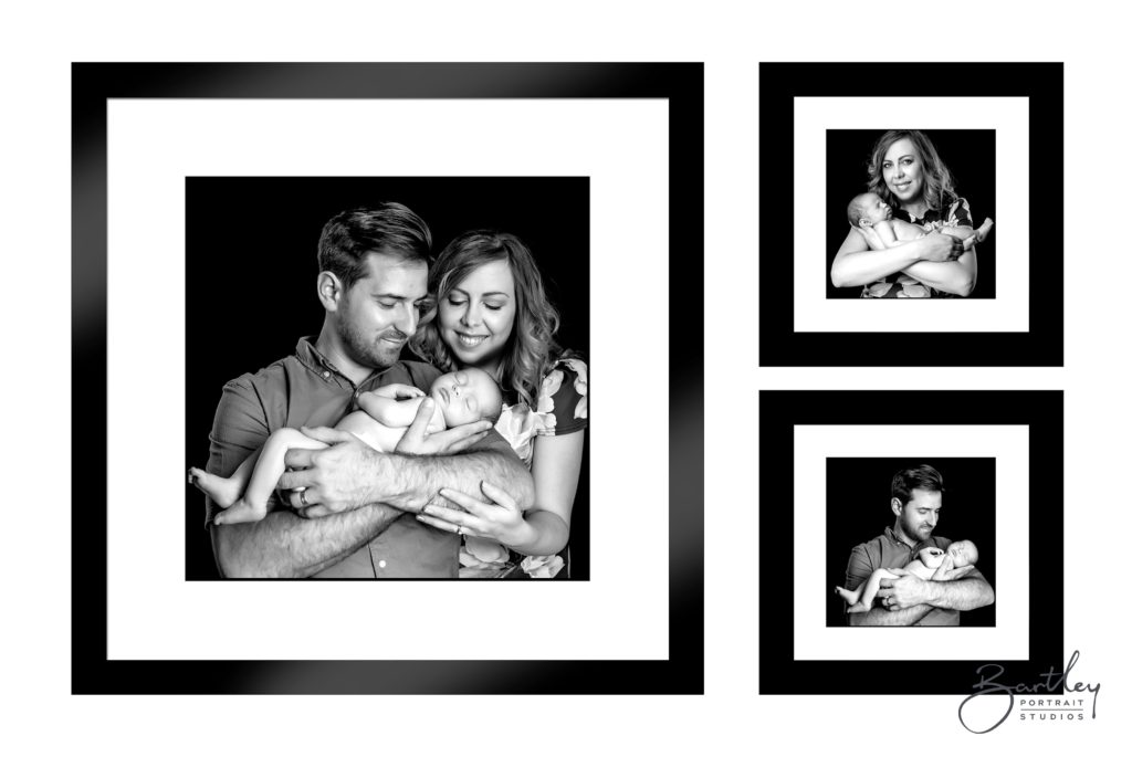 first time parents with newborn baby taken in black and white