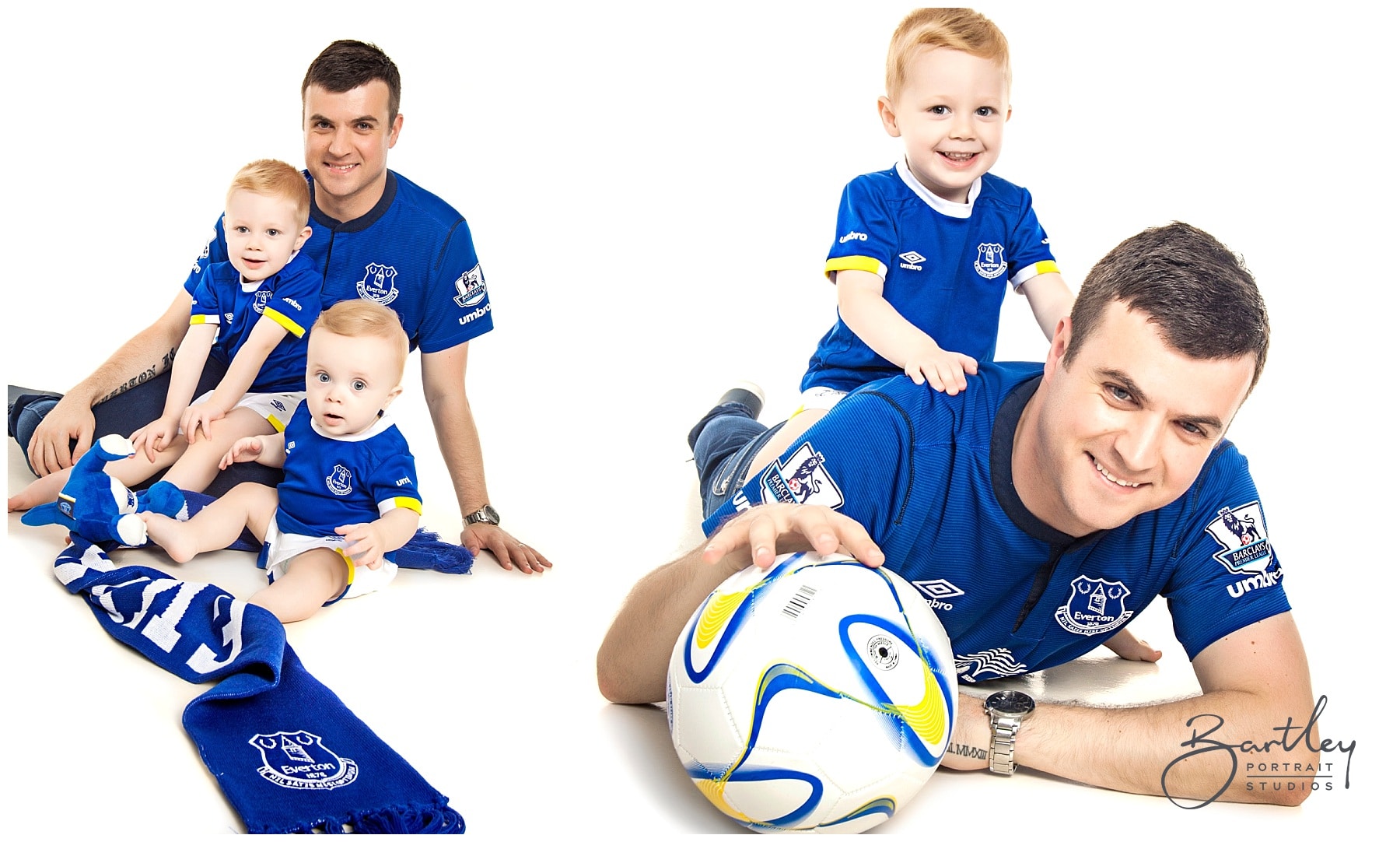 dad and sons in Everton football kit portrait