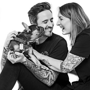 blakc and white portrait of couple with dog bartley studios warrington